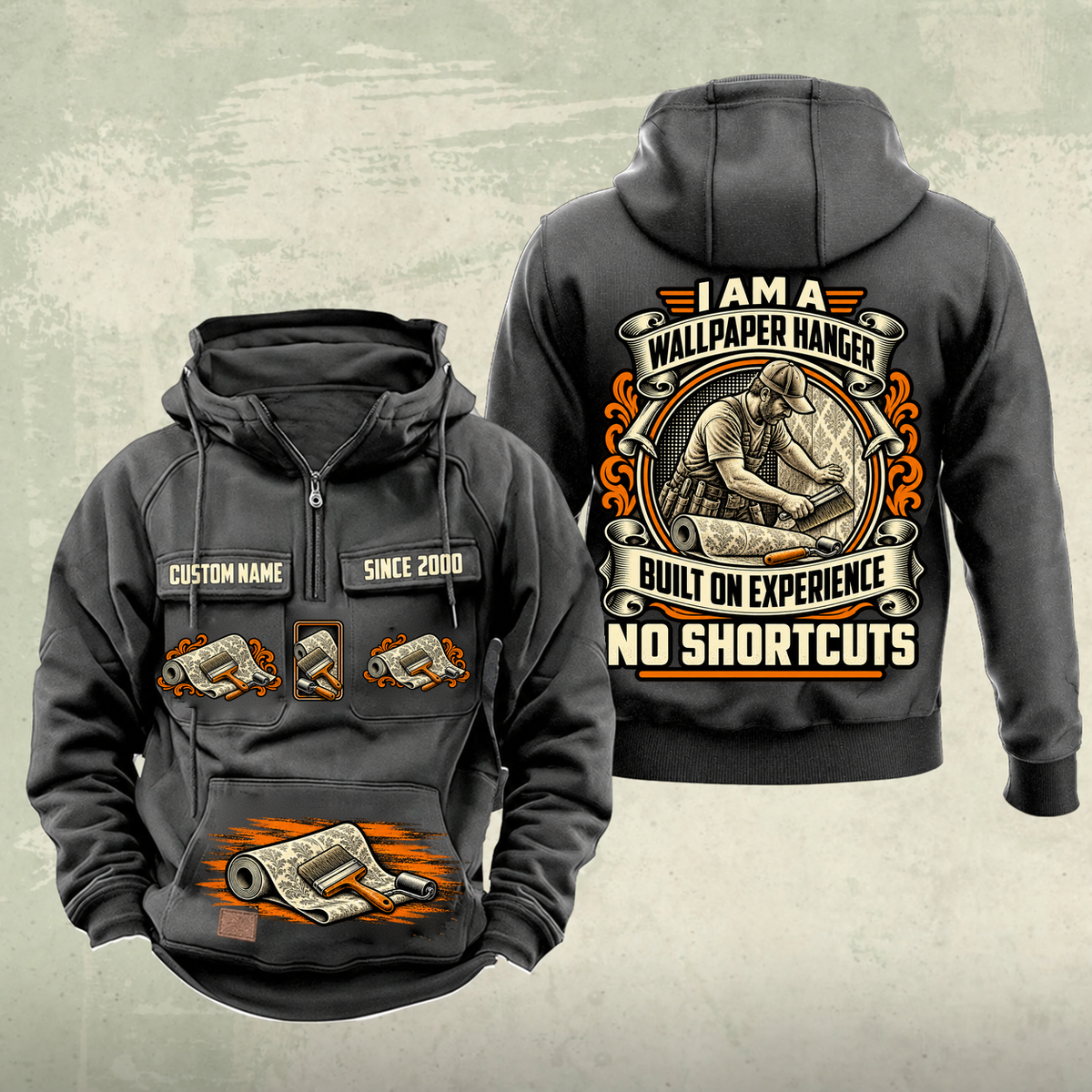 Wallpaper Hanger Heritage Crest Vintage Hoodie in Dark Gray, source-faithful front and back views with an ornate trade portrait crest, matching chest and pouch badges, and illustrative CUSTOM NAME and SINCE 2000 samples.