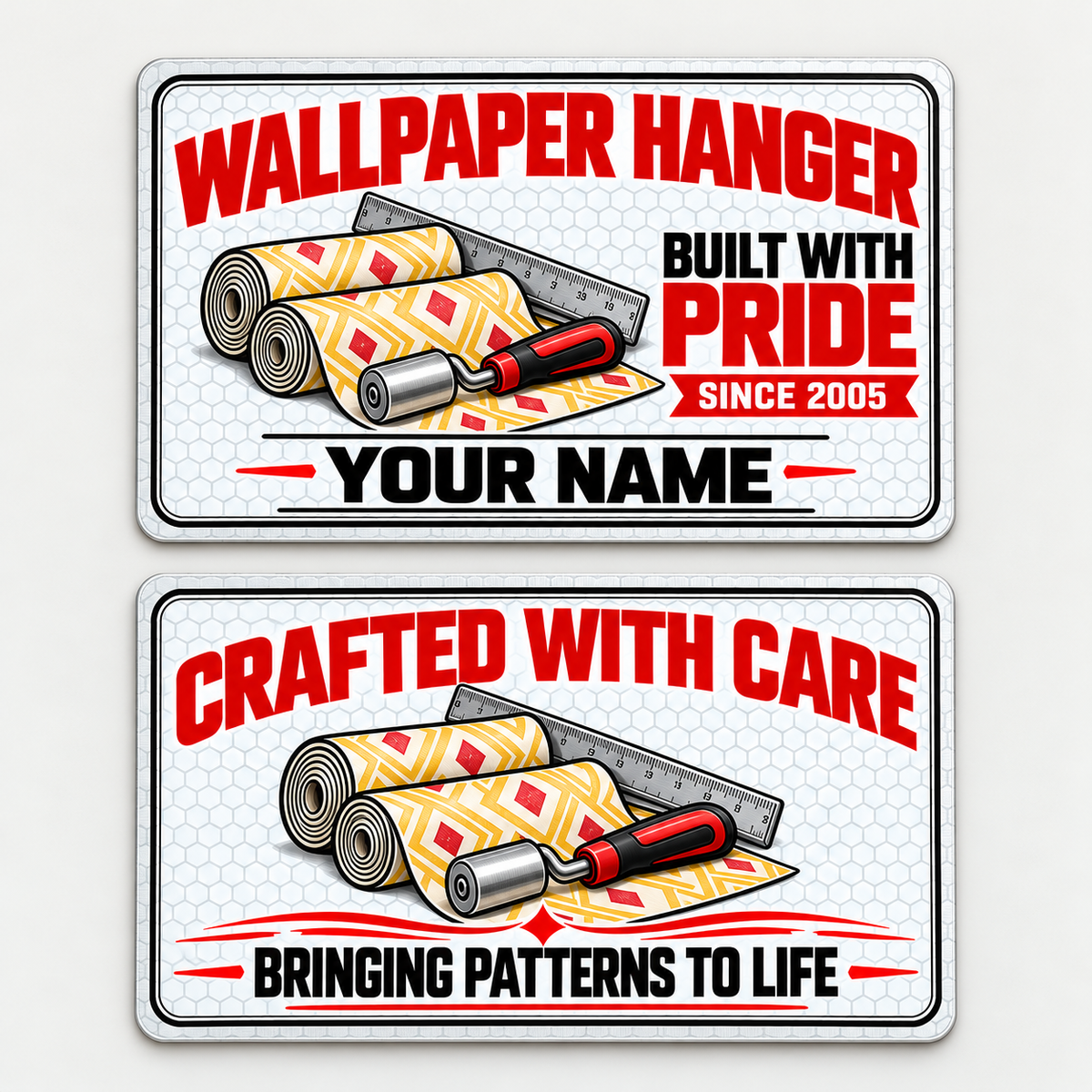 Complete front and reverse of the Wallpaper Hanger Honeycomb Pride aluminum wallet card, stacked on a pale neutral background. The front reads Wallpaper Hanger, Built with Pride, Since 2005 and Your Name; the reverse reads Crafted with Care and Bringing Patterns to Life, with matching wallpaper rolls, seam roller and rule.