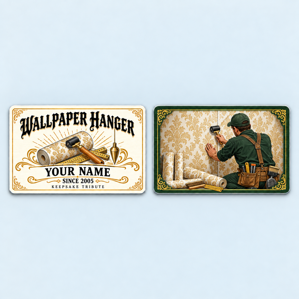 Complete front and reverse of the Wallpaper Hanger Ivory Heritage aluminum wallet card on a pale background, with illustrative name and year, wallpaper roll, seam roller, folding rule and plumb bob.