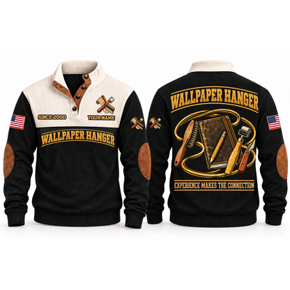 Wallpaper Hanger Finishing Knowledge Sports Sweatshirt in Black, front and back garment views with finishing notebook, pencil, smoothing brush, seam roller and trimming knife, EXPERIENCE MAKES THE CONNECTION lettering and source sample YOUR NAME and SINCE 2000 text.