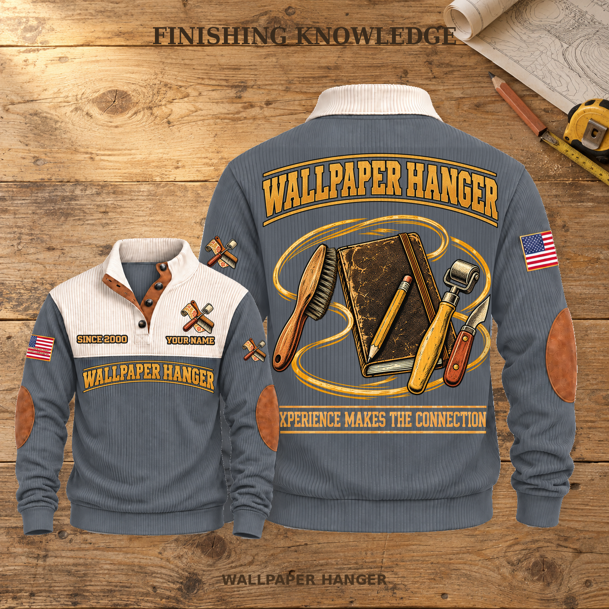 Wallpaper Hanger Finishing Knowledge Sports Sweatshirt in Grey, source-faithful front and back views on a warm wooden workbench, with FINISHING KNOWLEDGE headline.