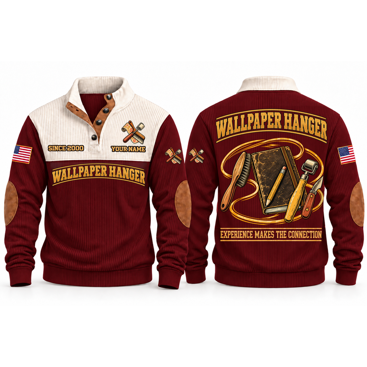 Wallpaper Hanger Finishing Knowledge Sports Sweatshirt in Jujube Red, front and back garment views with finishing notebook, pencil, smoothing brush, seam roller and trimming knife, EXPERIENCE MAKES THE CONNECTION lettering and source sample YOUR NAME and SINCE 2000 text.