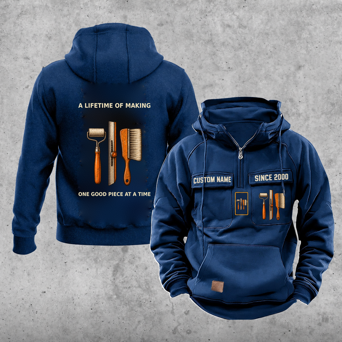 Wallpaper Hanger Lifetime of Making Vintage Hoodie — Dark Blue; faithful original Vintage Hoodie front and back artwork; CUSTOM NAME and SINCE 2000 on front chest.