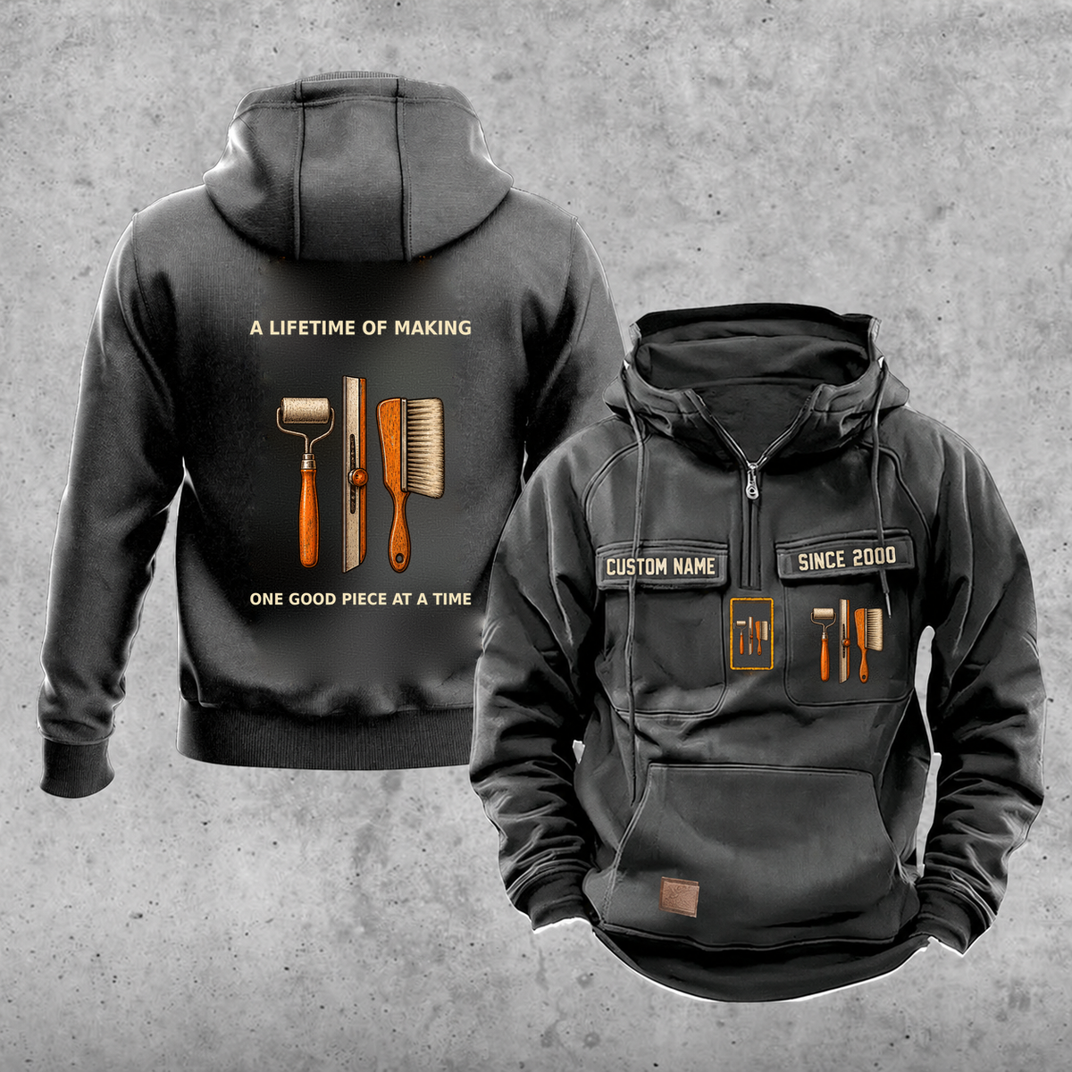 Wallpaper Hanger Lifetime of Making Vintage Hoodie — Dark Gray; faithful original Vintage Hoodie front and back artwork; CUSTOM NAME and SINCE 2000 on front chest.