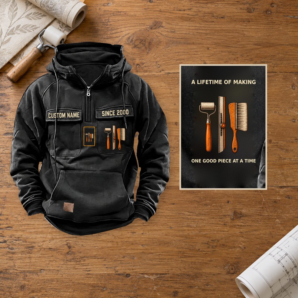 Wallpaper Hanger Lifetime of Making Vintage Hoodie — Hero; faithful original Vintage Hoodie front and back artwork; CUSTOM NAME and SINCE 2000 on front chest.
