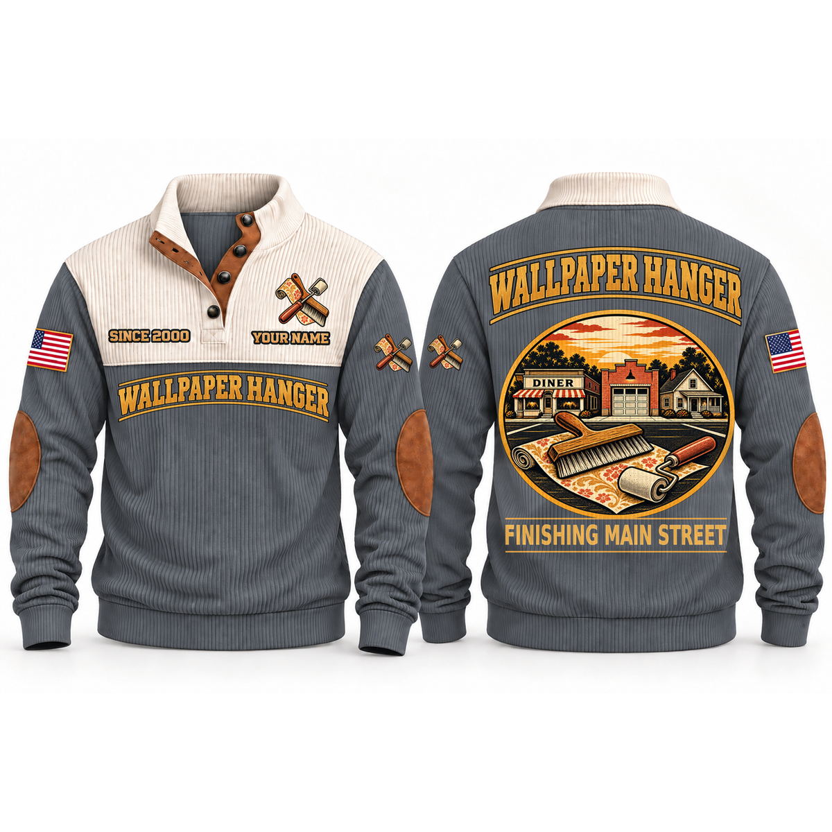 Wallpaper Hanger Main Street Finish Sports Sweatshirt in Grey, front and back garment views with wallpaper roll, smoothing brush and seam roller, nostalgic Main Street town illustration, FINISHING MAIN STREET lettering and source sample YOUR NAME and SINCE 2000 text.