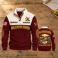 Wallpaper Hanger Main Street Finish Sports Sweatshirt in Jujube Red, source-faithful front and back views on a warm wooden workbench, with MAIN STREET FINISH headline.