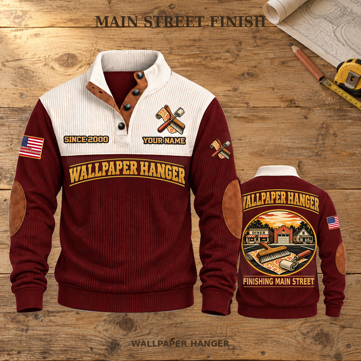 Wallpaper Hanger Main Street Finish Sports Sweatshirt in Jujube Red, source-faithful front and back views on a warm wooden workbench, with MAIN STREET FINISH headline.