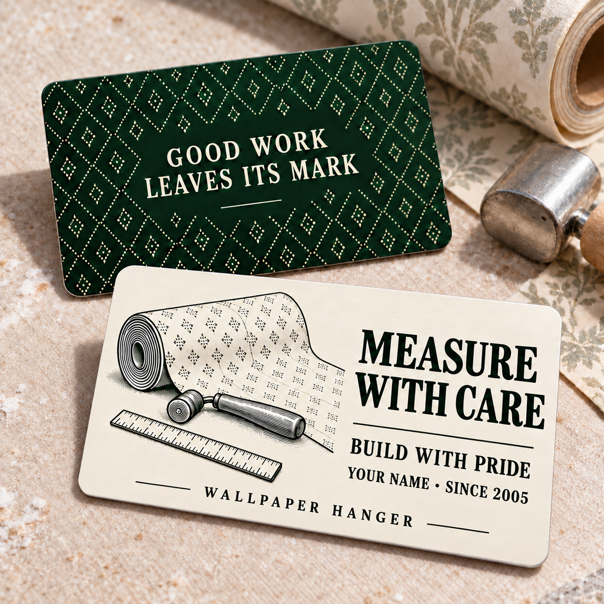 Offset front and reverse views of the fixed-art Wallpaper Hanger Measure with Care aluminum wallet card on a wallpaper worktable, showing ivory and forest-green artwork with a wallpaper roll, seam roller, ruler and diamond repeat.