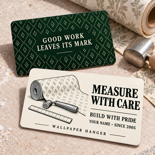 Offset front and reverse views of the fixed-art Wallpaper Hanger Measure with Care aluminum wallet card on a wallpaper worktable, showing ivory and forest-green artwork with a wallpaper roll, seam roller, ruler and diamond repeat.