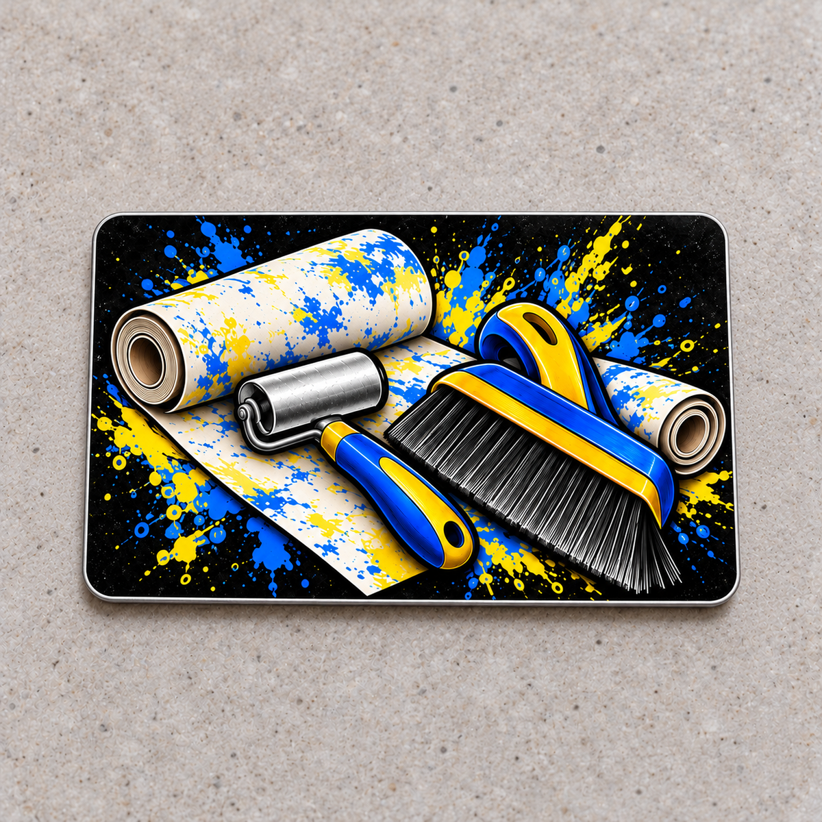Graphic-only reverse of the Wallpaper Hanger Midnight Splatter aluminum wallet card with wallpaper rolls, seam roller and smoothing brush