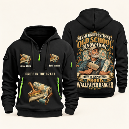 Wallpaper Hanger Old School Know-How quarter-zip hoodie in Black, front and back, fixed sample name and year artwork