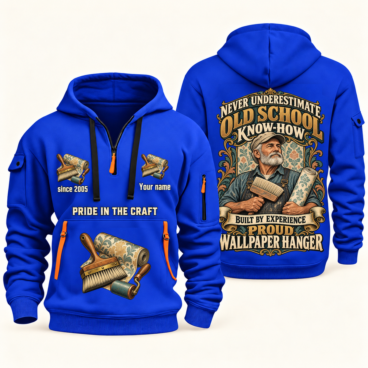 Wallpaper Hanger Old School Know-How quarter-zip hoodie in Blue, front and back, fixed sample name and year artwork