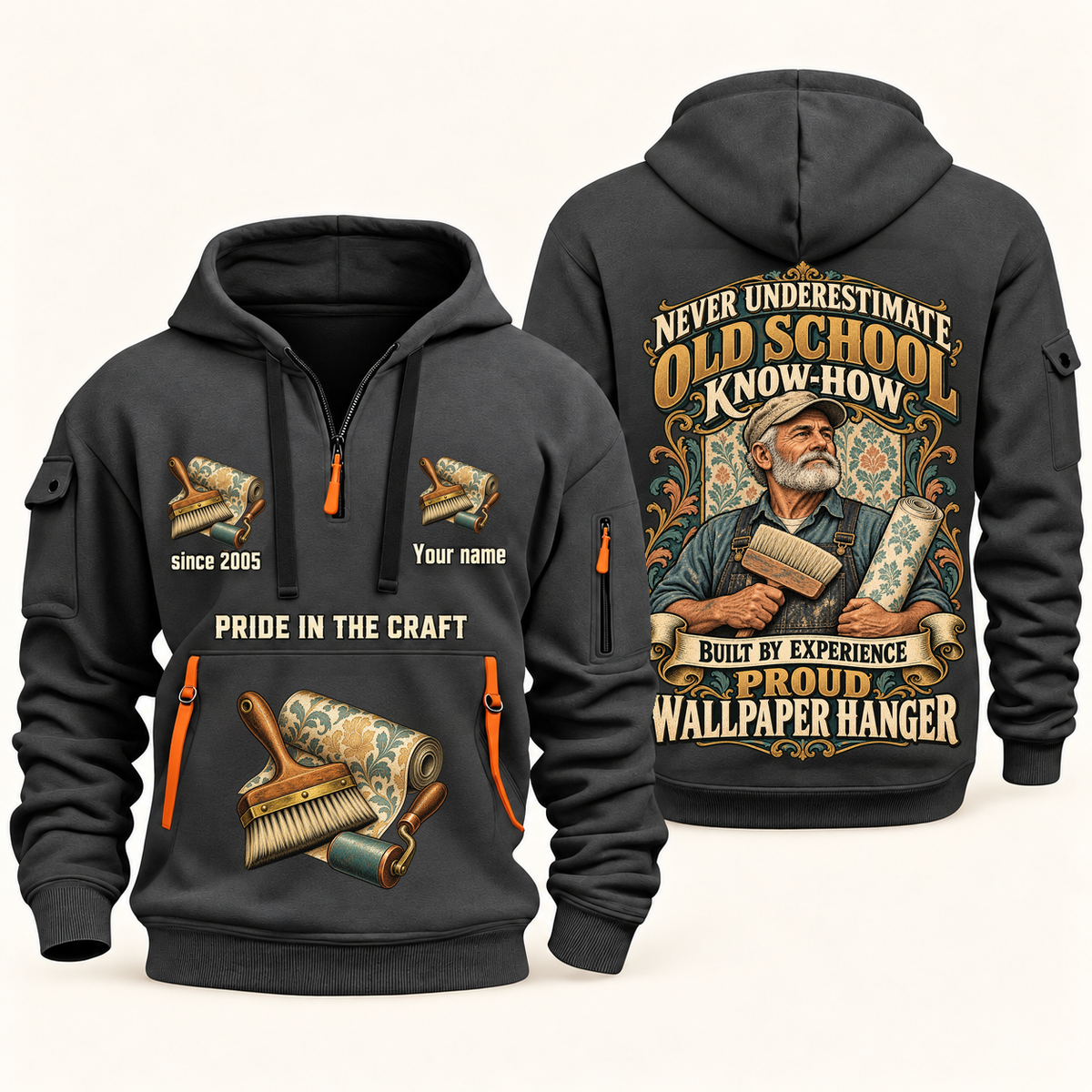 Wallpaper Hanger Old School Know-How quarter-zip hoodie in Gray, front and back, fixed sample name and year artwork