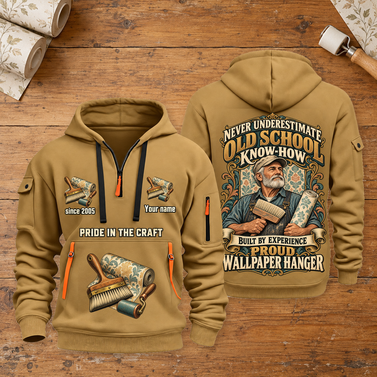 Wallpaper Hanger Old School Know-How quarter-zip hoodie in Khaki, front and back, fixed sample name and year artwork
