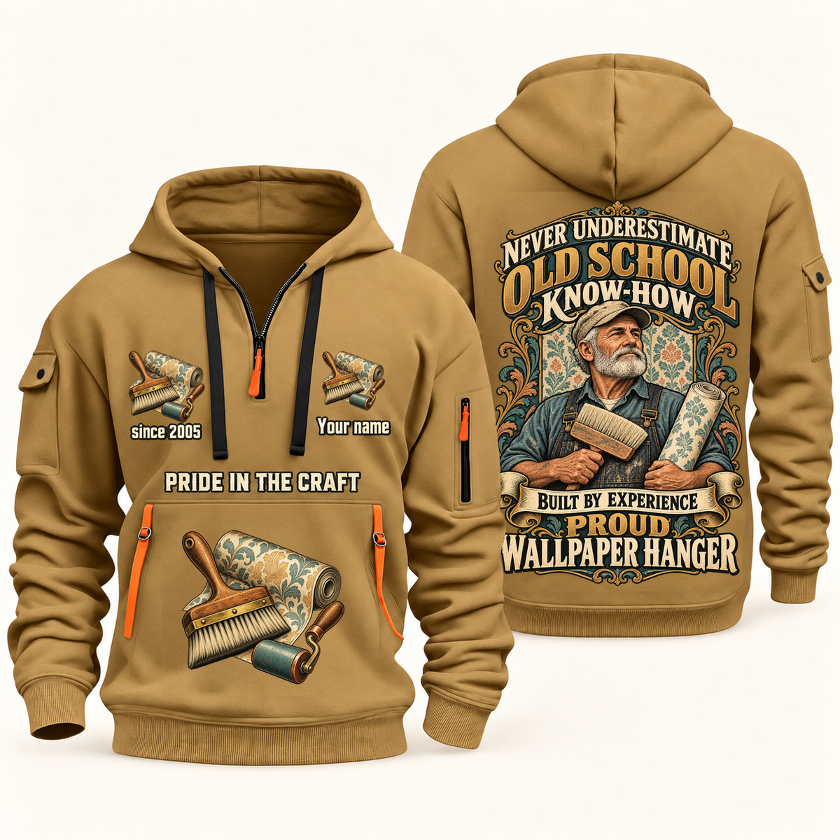 Wallpaper Hanger Old School Know-How quarter-zip hoodie in Khaki, front and back, fixed sample name and year artwork