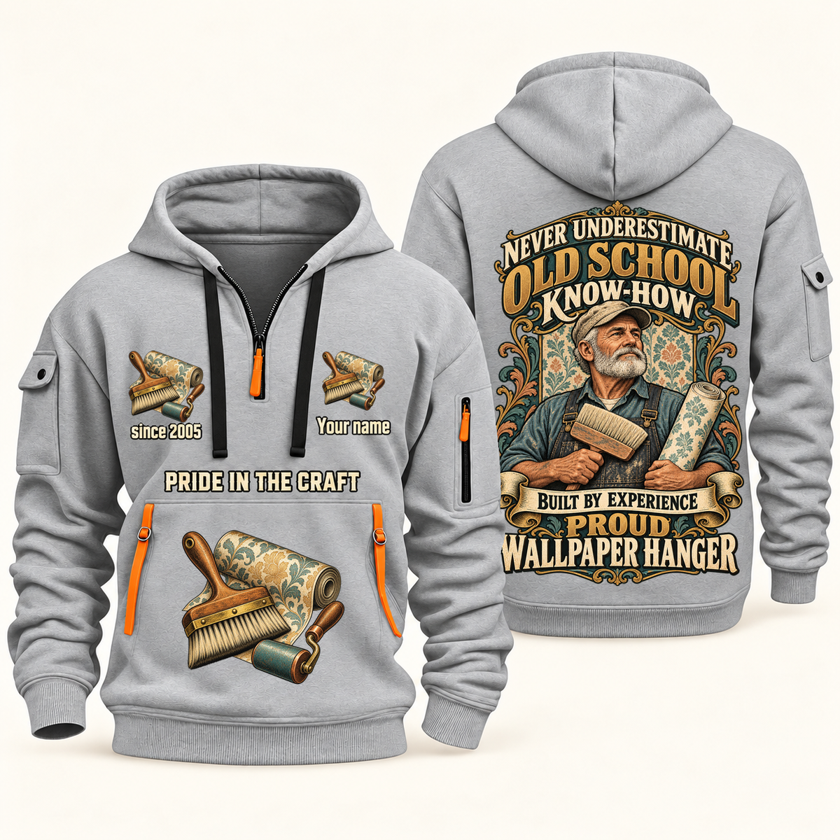 Wallpaper Hanger Old School Know-How quarter-zip hoodie in Light Grey, front and back, fixed sample name and year artwork