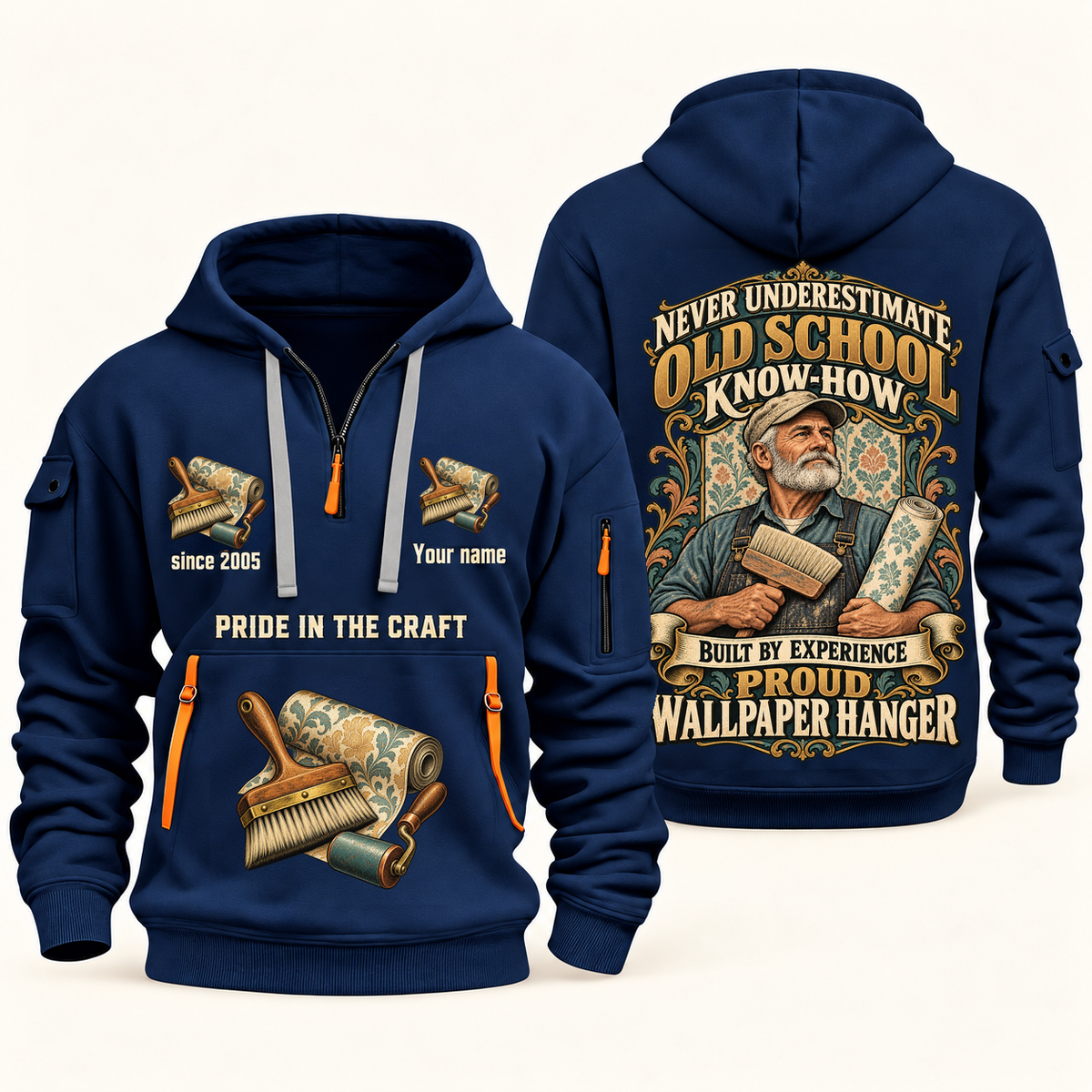 Wallpaper Hanger Old School Know-How quarter-zip hoodie in Navy, front and back, fixed sample name and year artwork