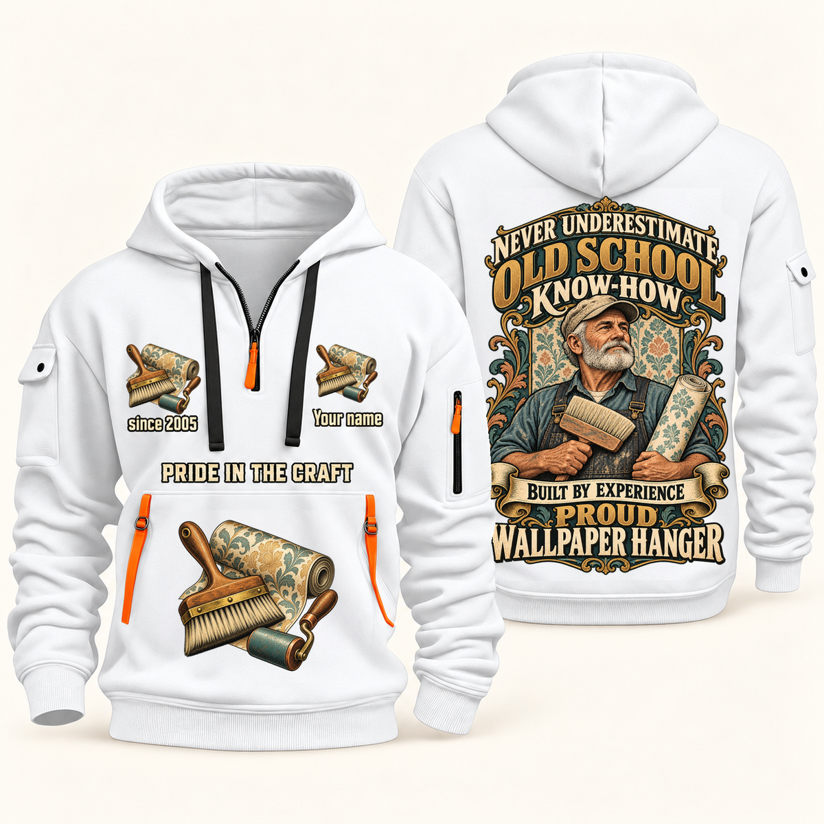Wallpaper Hanger Old School Know-How quarter-zip hoodie in White, front and back, fixed sample name and year artwork