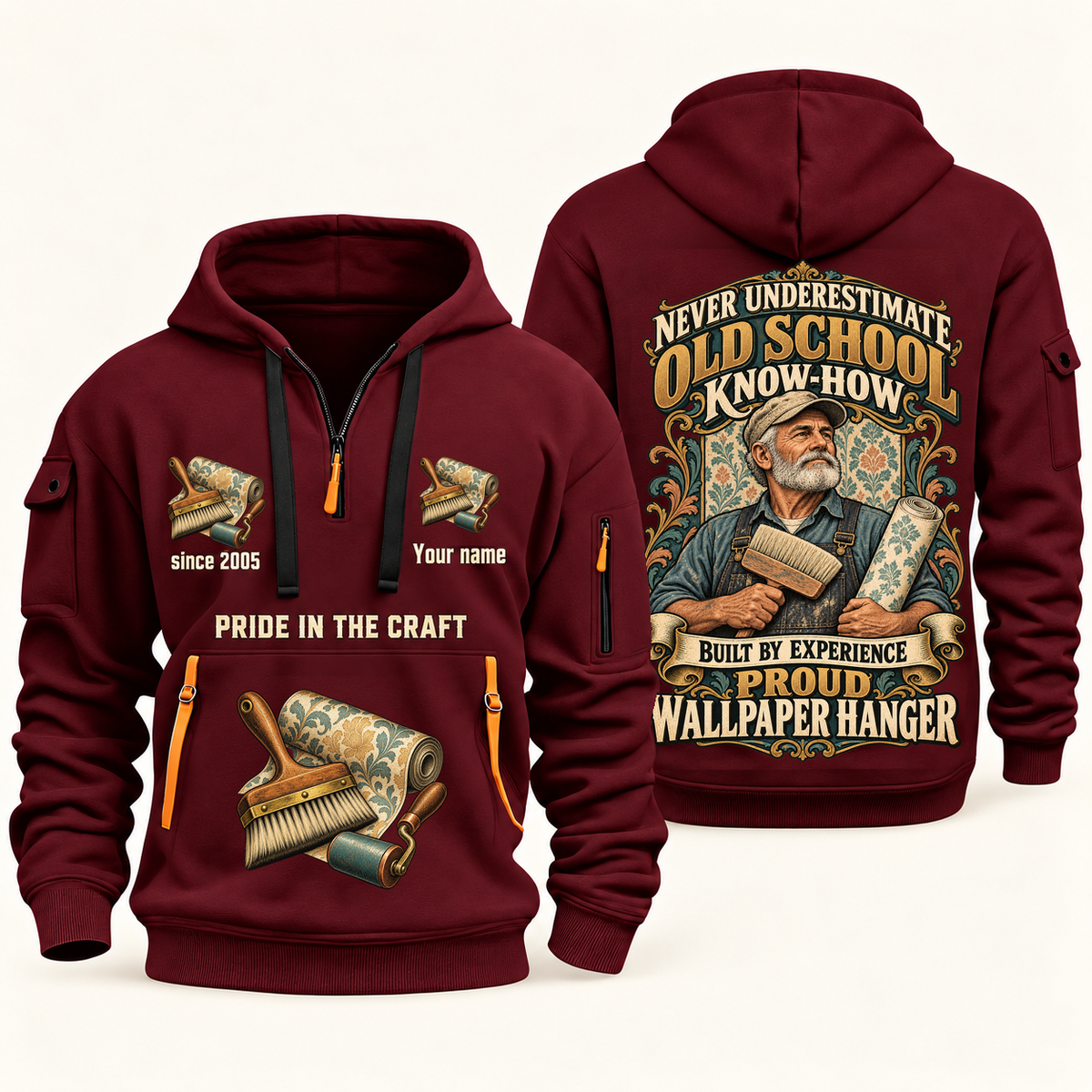 Wallpaper Hanger Old School Know-How quarter-zip hoodie in Wine Red, front and back, fixed sample name and year artwork