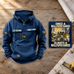 Wallpaper Hanger Once and Always Vintage Hoodie in Dark Blue, dominant front view and full back artwork detail inset on a warm construction planning workbench.