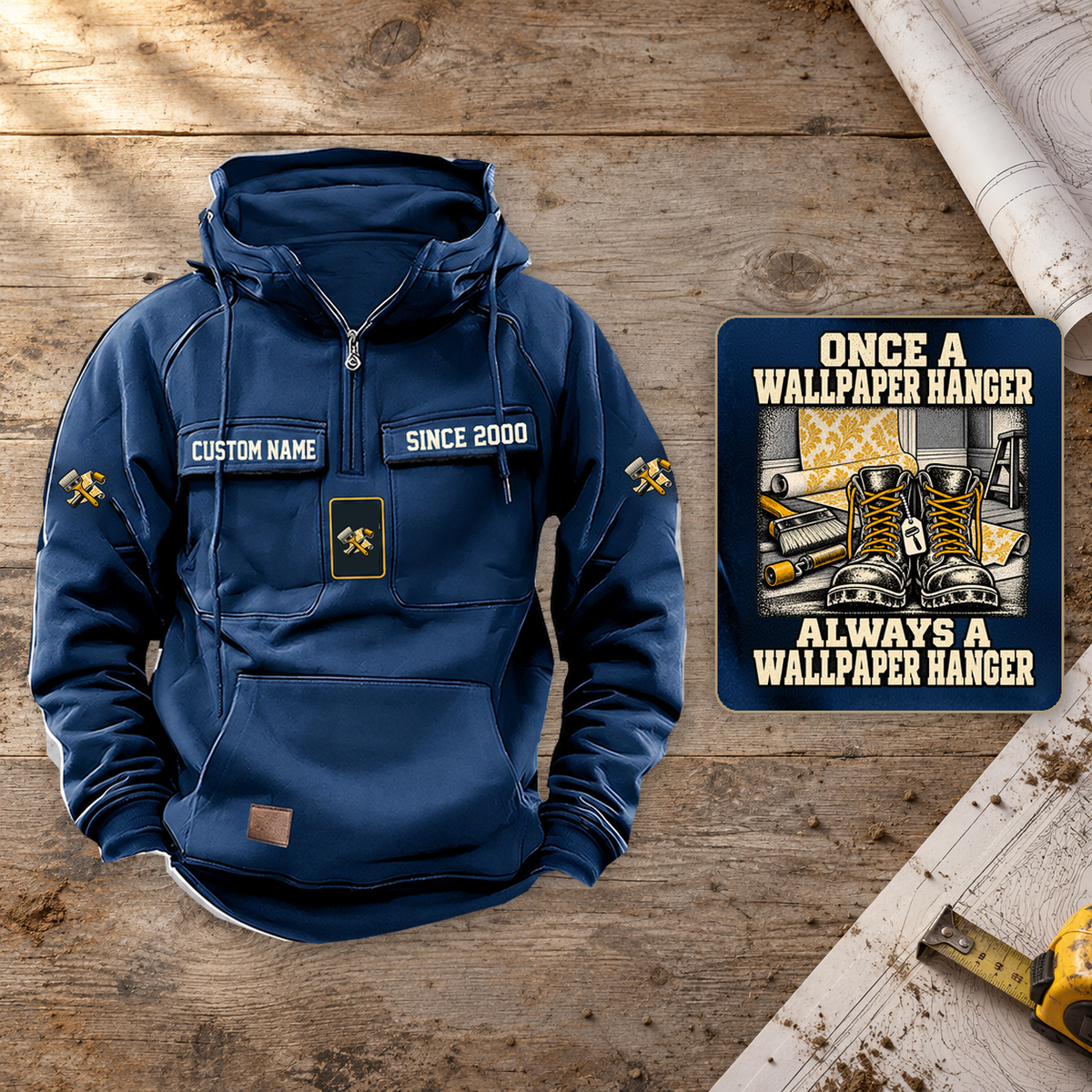 Wallpaper Hanger Once and Always Vintage Hoodie in Dark Blue, dominant front view and full back artwork detail inset on a warm construction planning workbench.