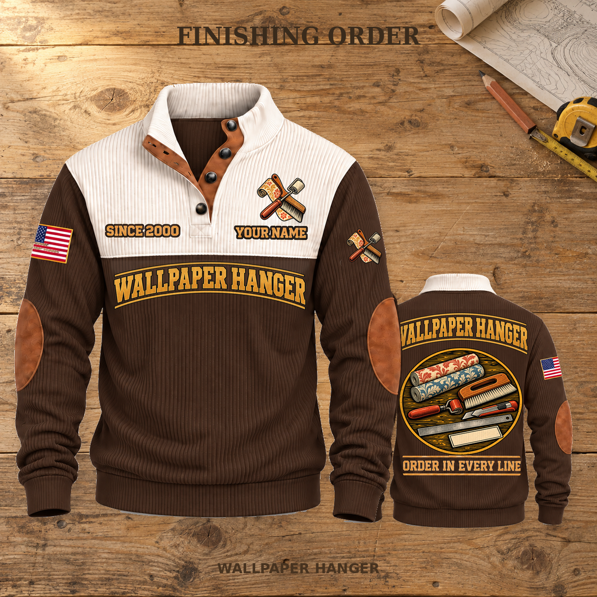 Wallpaper Hanger Finishing Order Sports Sweatshirt in Brown, source-faithful front and back views on a warm wooden workbench, with FINISHING ORDER headline.