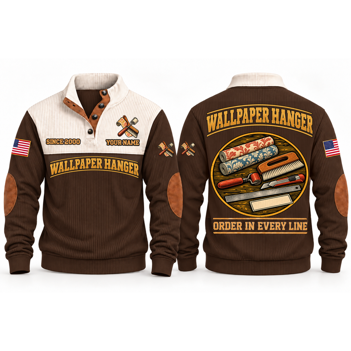 Wallpaper Hanger Finishing Order Sports Sweatshirt in Brown, front and back garment views with aligned wallpaper samples, smoothing brush, seam roller, trimming knife and ruler, orderly top-down trade equipment, ORDER IN EVERY LINE lettering and source sample YOUR NAME and SINCE 2000 text.