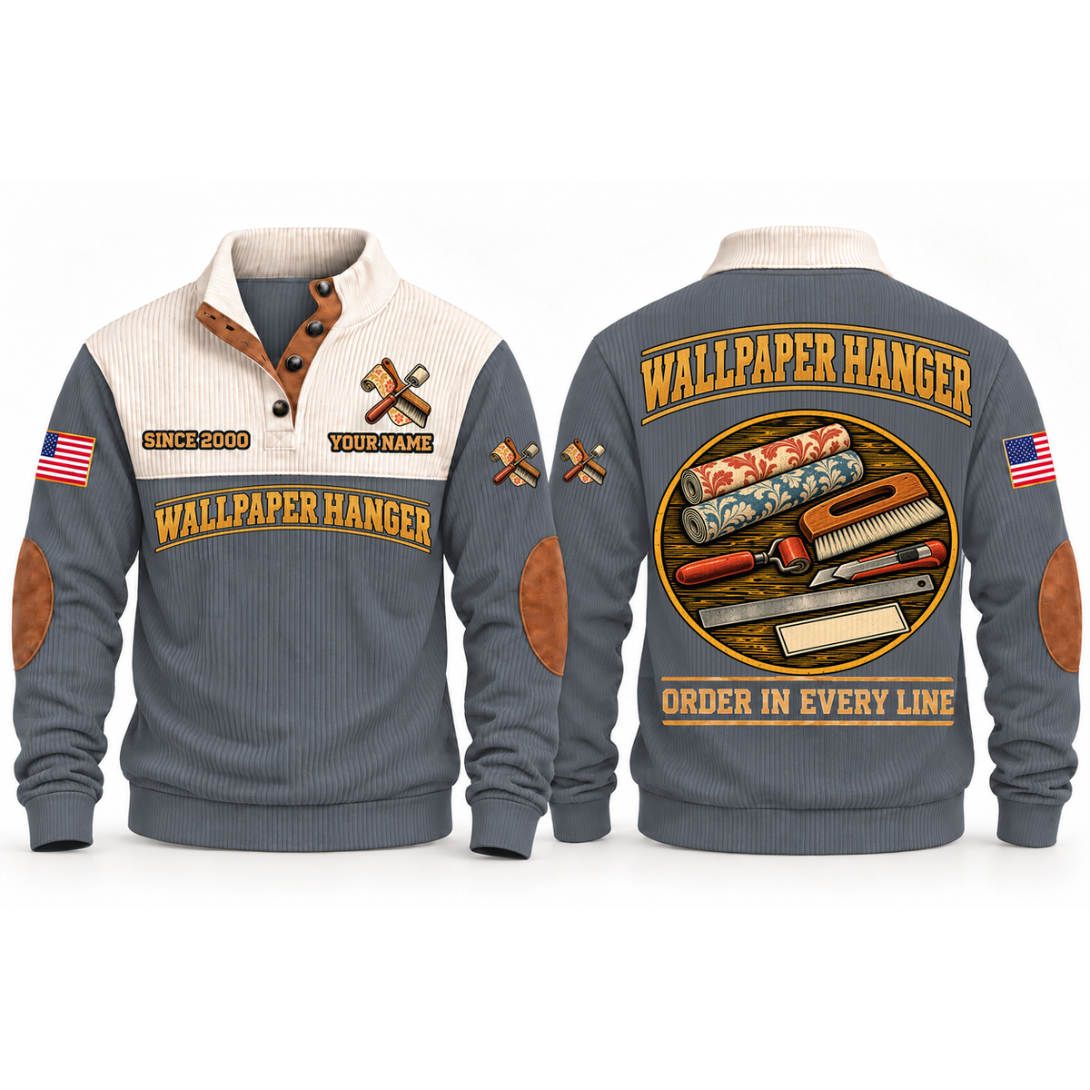 Wallpaper Hanger Finishing Order Sports Sweatshirt in Grey, front and back garment views with aligned wallpaper samples, smoothing brush, seam roller, trimming knife and ruler, orderly top-down trade equipment, ORDER IN EVERY LINE lettering and source sample YOUR NAME and SINCE 2000 text.