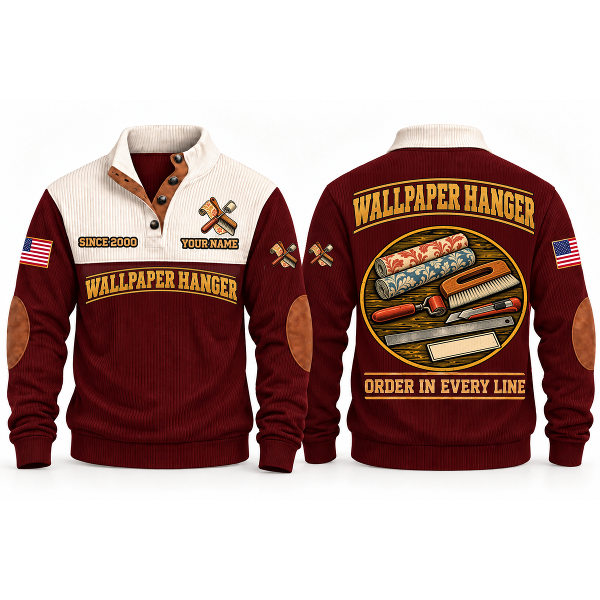 Wallpaper Hanger Finishing Order Sports Sweatshirt in Jujube Red, front and back garment views with aligned wallpaper samples, smoothing brush, seam roller, trimming knife and ruler, orderly top-down trade equipment, ORDER IN EVERY LINE lettering and source sample YOUR NAME and SINCE 2000 text.