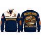 Wallpaper Hanger Finishing Order Sports Sweatshirt in Navy, front and back garment views with aligned wallpaper samples, smoothing brush, seam roller, trimming knife and ruler, orderly top-down trade equipment, ORDER IN EVERY LINE lettering and source sample YOUR NAME and SINCE 2000 text.