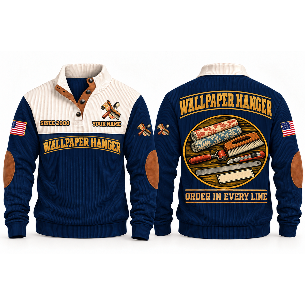 Wallpaper Hanger Finishing Order Sports Sweatshirt in Navy, front and back garment views with aligned wallpaper samples, smoothing brush, seam roller, trimming knife and ruler, orderly top-down trade equipment, ORDER IN EVERY LINE lettering and source sample YOUR NAME and SINCE 2000 text.