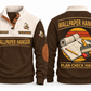 Wallpaper Hanger Plan Check Hang Sports Sweatshirt in Brown, original front and back views. Wallpaper rolls, a paste brush and a seam roller over a plan sheet and pencil within a distressed sunset roundel. WALLPAPER HANGER and PLAN CHECK HANG lettering; YOUR NAME and SINCE 2000 are fixed illustrative sample text.