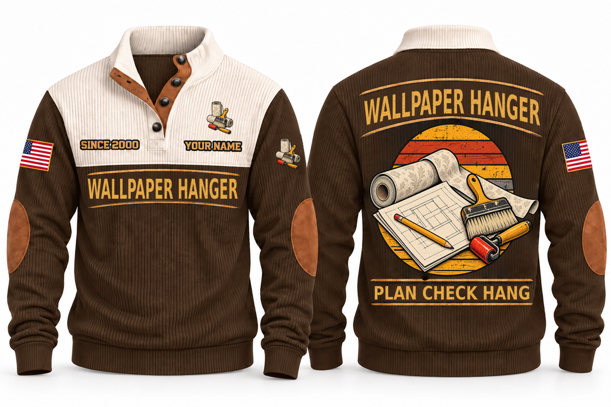 Wallpaper Hanger Plan Check Hang Sports Sweatshirt in Brown, original front and back views. Wallpaper rolls, a paste brush and a seam roller over a plan sheet and pencil within a distressed sunset roundel. WALLPAPER HANGER and PLAN CHECK HANG lettering; YOUR NAME and SINCE 2000 are fixed illustrative sample text.