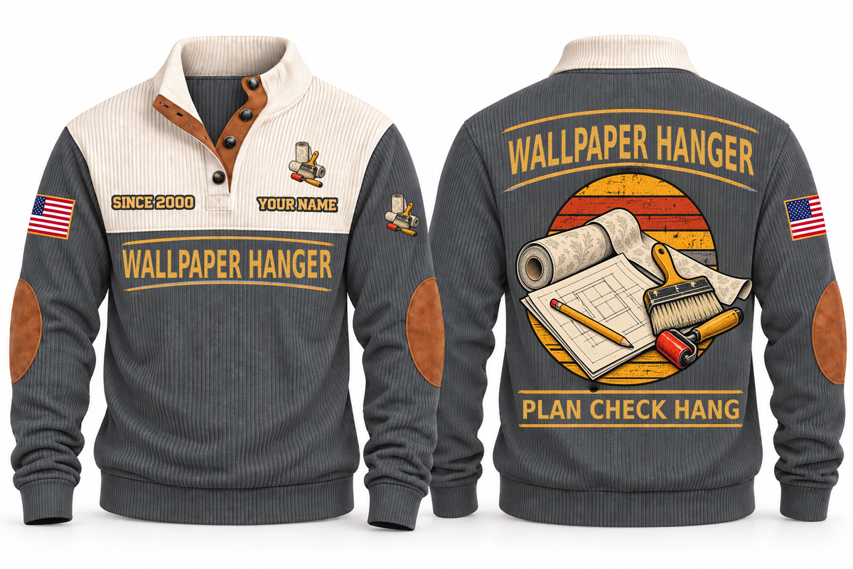 Wallpaper Hanger Plan Check Hang Sports Sweatshirt in Grey, original front and back views. Wallpaper rolls, a paste brush and a seam roller over a plan sheet and pencil within a distressed sunset roundel. WALLPAPER HANGER and PLAN CHECK HANG lettering; YOUR NAME and SINCE 2000 are fixed illustrative sample text.