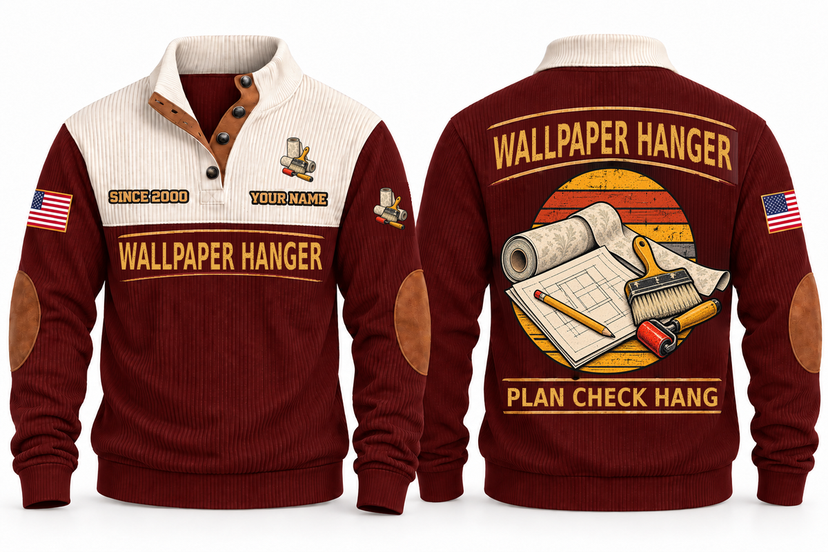 Wallpaper Hanger Plan Check Hang Sports Sweatshirt in Jujube Red, original front and back views. Wallpaper rolls, a paste brush and a seam roller over a plan sheet and pencil within a distressed sunset roundel. WALLPAPER HANGER and PLAN CHECK HANG lettering; YOUR NAME and SINCE 2000 are fixed illustrative sample text.