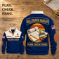 Navy Wallpaper Hanger Plan Check Hang Sports Sweatshirt, dominant back front inset on a planning workbench, with PLAN CHECK HANG wording.