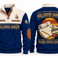Wallpaper Hanger Plan Check Hang Sports Sweatshirt in Navy, original front and back views. Wallpaper rolls, a paste brush and a seam roller over a plan sheet and pencil within a distressed sunset roundel. WALLPAPER HANGER and PLAN CHECK HANG lettering; YOUR NAME and SINCE 2000 are fixed illustrative sample text.