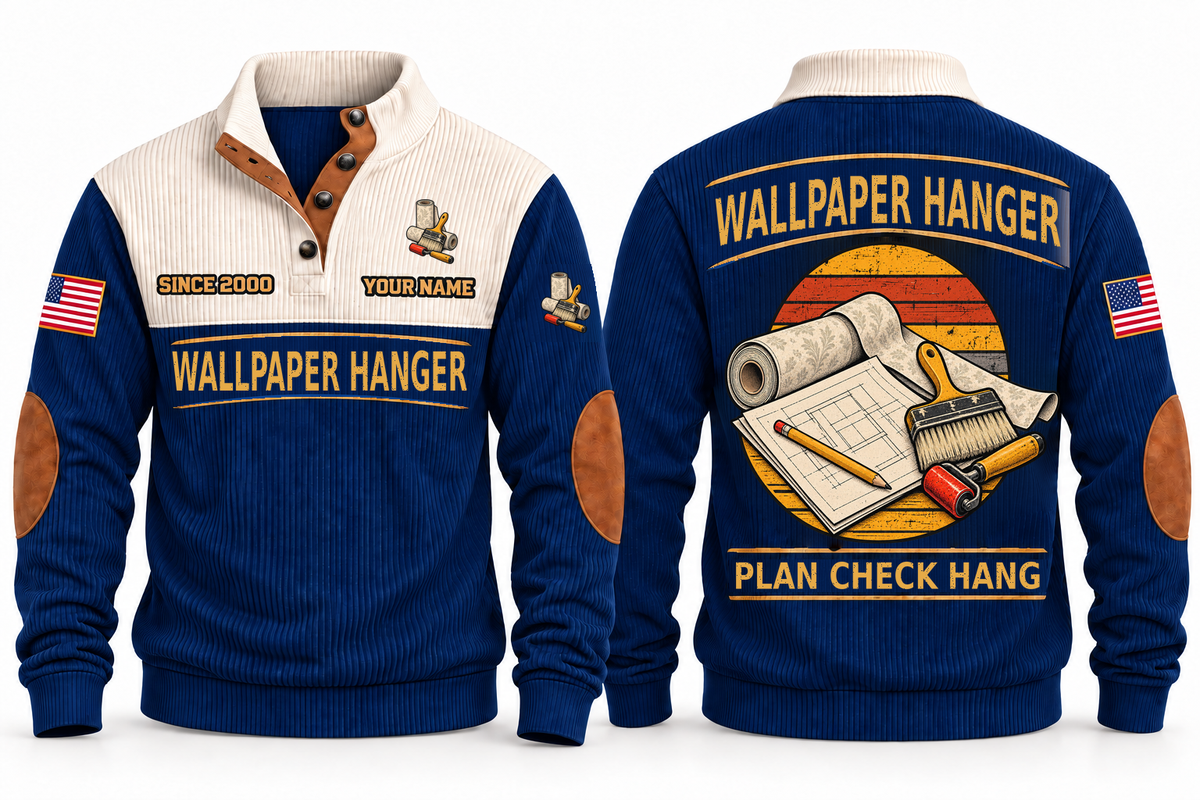 Wallpaper Hanger Plan Check Hang Sports Sweatshirt in Navy, original front and back views. Wallpaper rolls, a paste brush and a seam roller over a plan sheet and pencil within a distressed sunset roundel. WALLPAPER HANGER and PLAN CHECK HANG lettering; YOUR NAME and SINCE 2000 are fixed illustrative sample text.