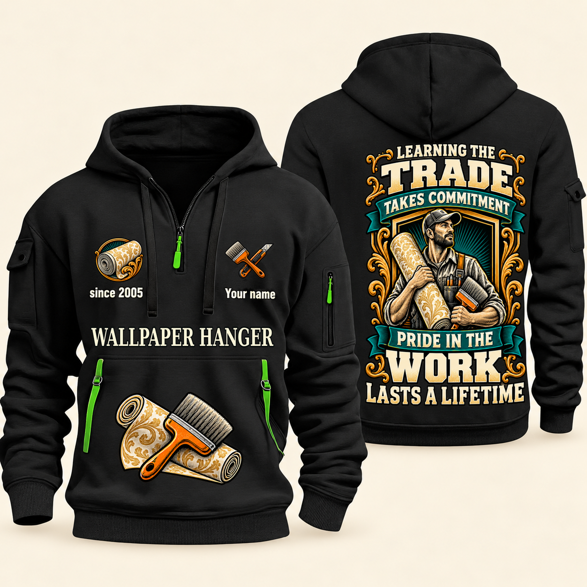 Wallpaper Hanger Pride in the Trade Quarter-Zip Hoodie in Black, authentic overlapping front and back views with wallpaper hanger artwork and source sample name/year lettering.