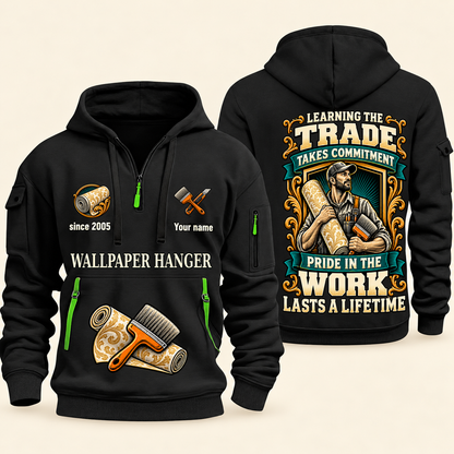 Wallpaper Hanger Pride in the Trade Quarter-Zip Hoodie in Black, authentic overlapping front and back views with wallpaper hanger artwork and source sample name/year lettering.
