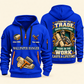 Wallpaper Hanger Pride in the Trade Quarter-Zip Hoodie in Blue, authentic overlapping front and back views with wallpaper hanger artwork and source sample name/year lettering.