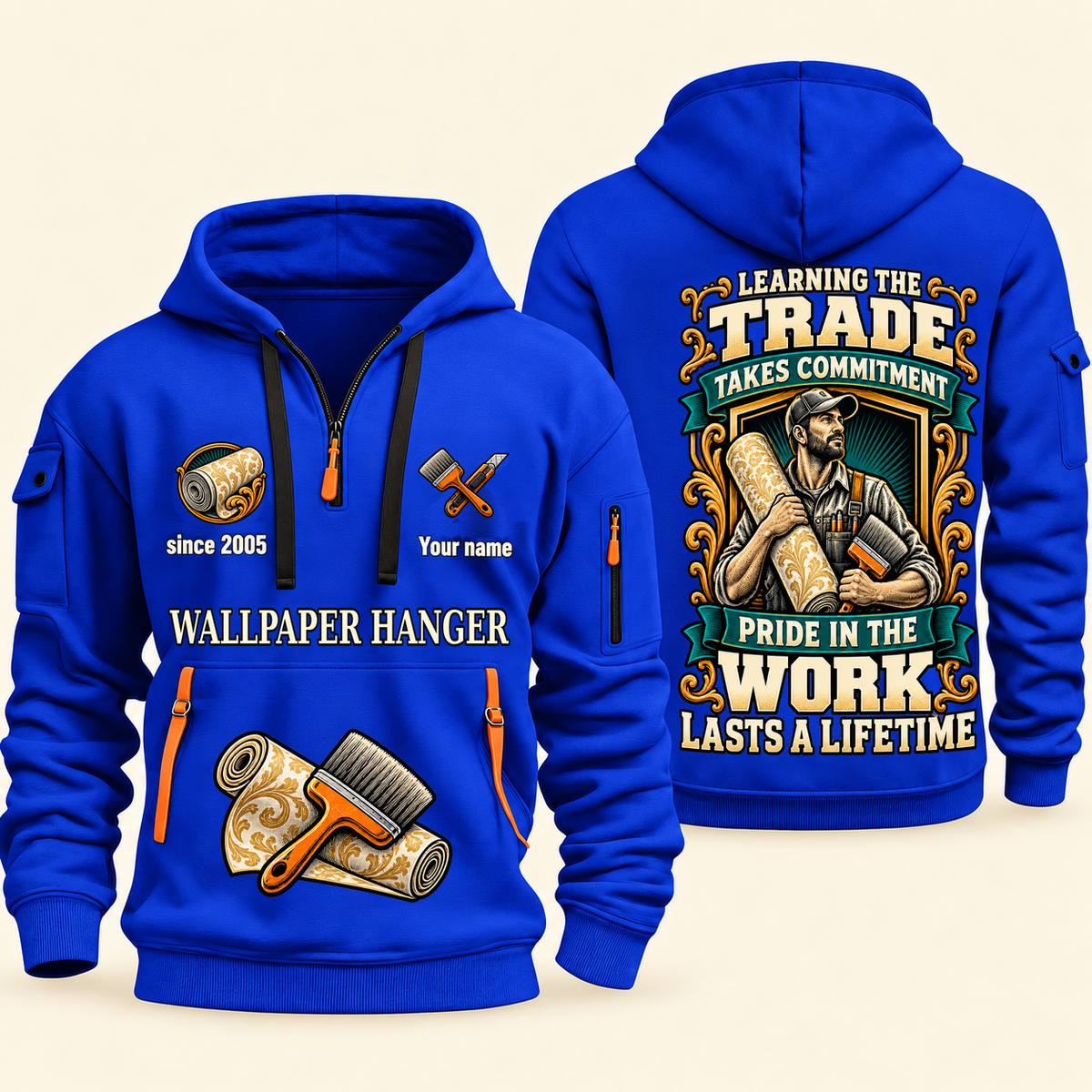 Wallpaper Hanger Pride in the Trade Quarter-Zip Hoodie in Blue, authentic overlapping front and back views with wallpaper hanger artwork and source sample name/year lettering.
