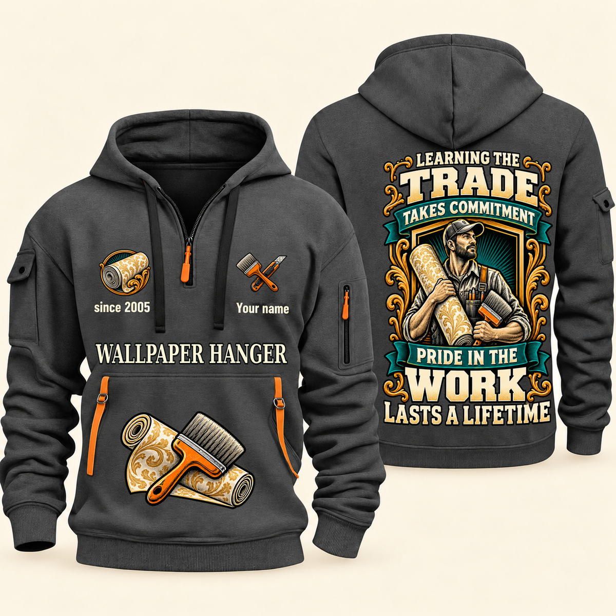 Wallpaper Hanger Pride in the Trade Quarter-Zip Hoodie in Gray, authentic overlapping front and back views with wallpaper hanger artwork and source sample name/year lettering.