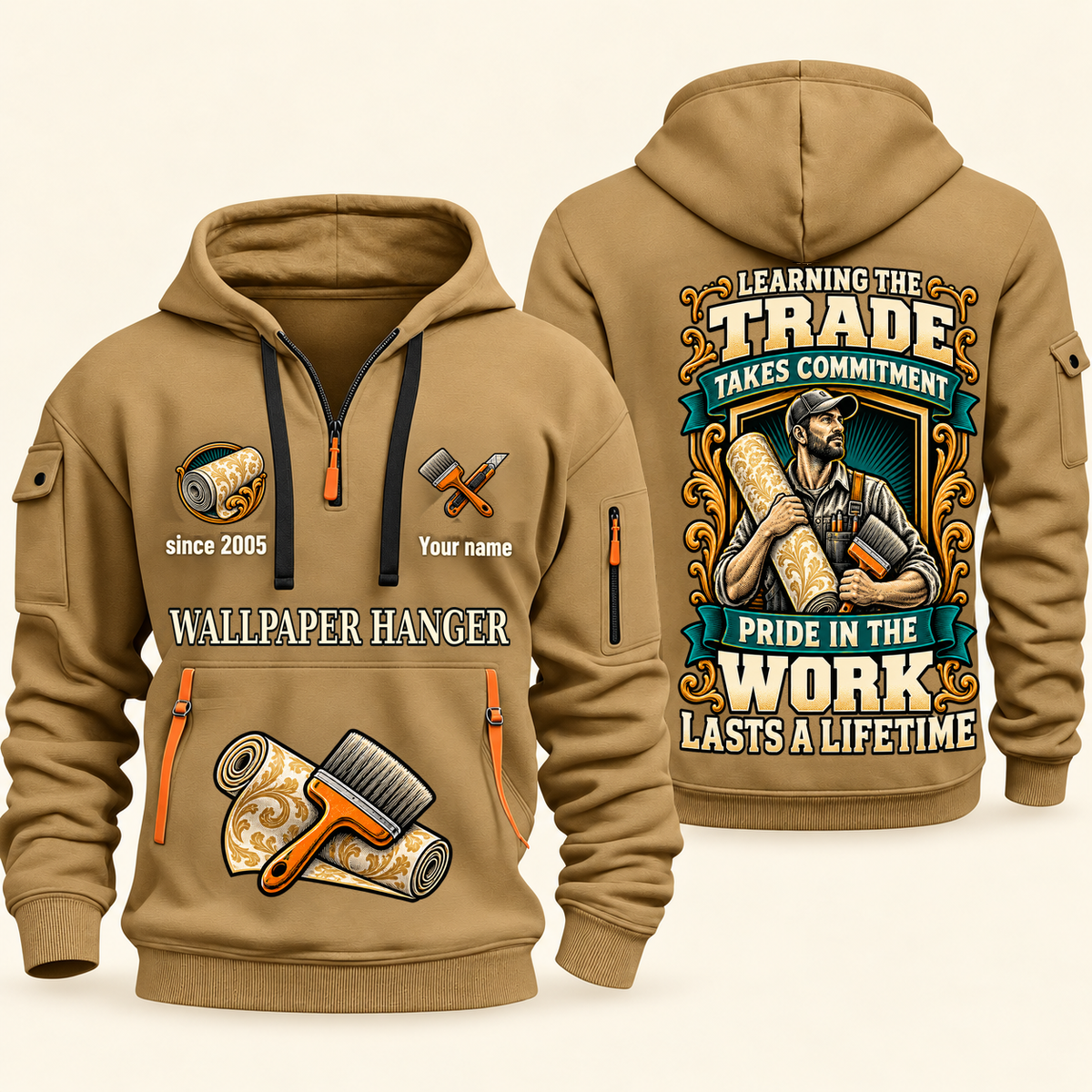 Wallpaper Hanger Pride in the Trade Quarter-Zip Hoodie in Khaki, authentic overlapping front and back views with wallpaper hanger artwork and source sample name/year lettering.