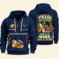 Wallpaper Hanger Pride in the Trade Quarter-Zip Hoodie in Navy, authentic overlapping front and back views with wallpaper hanger artwork and source sample name/year lettering.