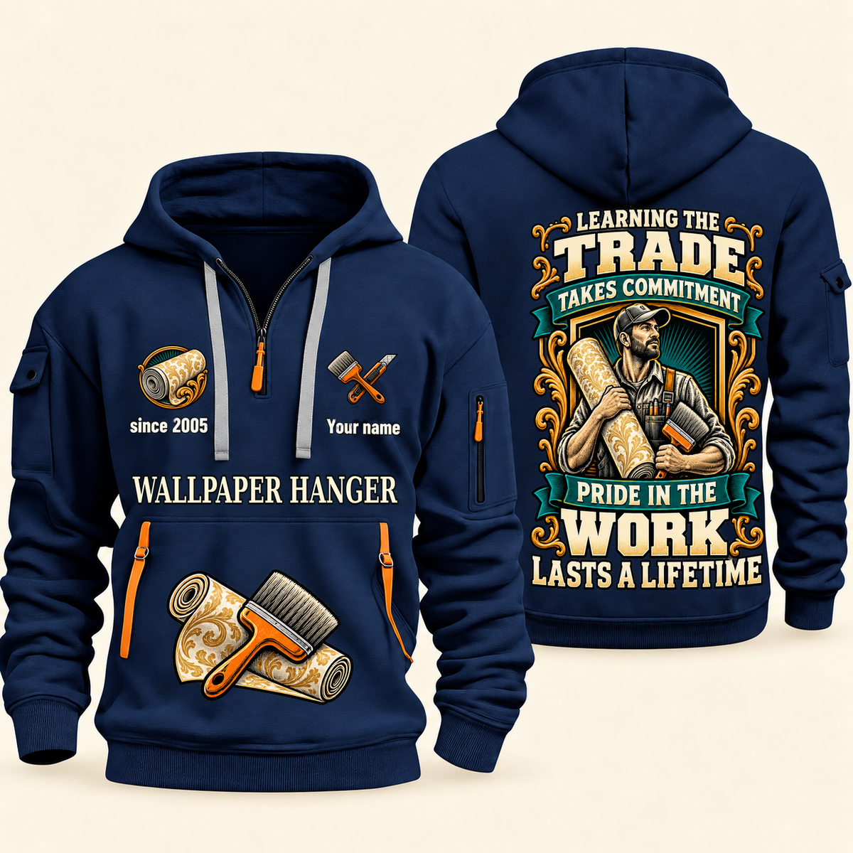 Wallpaper Hanger Pride in the Trade Quarter-Zip Hoodie in Navy, authentic overlapping front and back views with wallpaper hanger artwork and source sample name/year lettering.