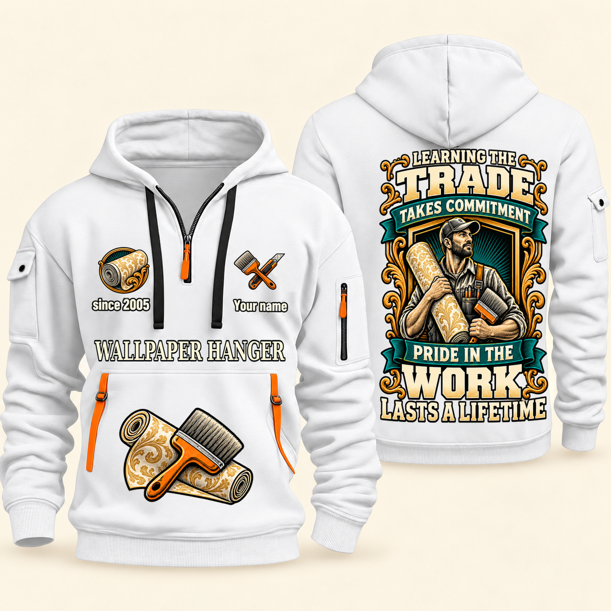 Wallpaper Hanger Pride in the Trade Quarter-Zip Hoodie in White, authentic overlapping front and back views with wallpaper hanger artwork and source sample name/year lettering.