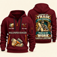Wallpaper Hanger Pride in the Trade Quarter-Zip Hoodie in Wine Red, authentic overlapping front and back views with wallpaper hanger artwork and source sample name/year lettering.