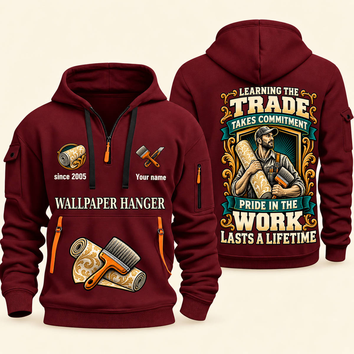 Wallpaper Hanger Pride in the Trade Quarter-Zip Hoodie in Wine Red, authentic overlapping front and back views with wallpaper hanger artwork and source sample name/year lettering.